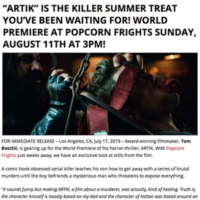 “ARTIK” IS THE KILLER SUMMER TREAT YOU’VE BEEN WAITING FOR! WORLD PREMIERE AT POPCORN FRIGHTS SUNDAY, AUGUST 11TH AT 3PM!